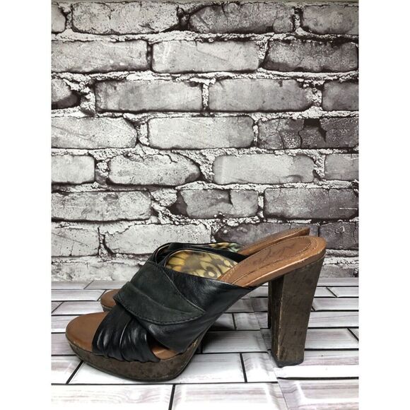 Naya Black Leather Cross Strap Casual Wooden Heel Sandals Women’s Sz 7M US/38EU - Picture 6 of 16
